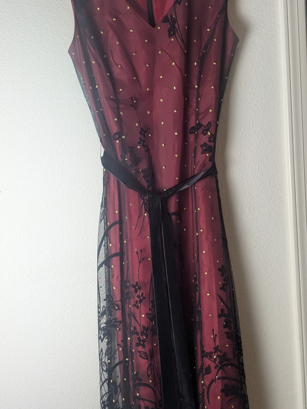 Coldwater Creek P6 Burgundy Black Floral Mesh Overlay Midi Dress - Picture 5 of 10